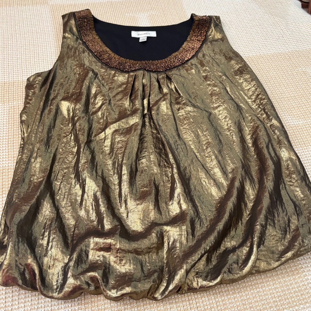 Dressbarn Sleeveless Gold Metallic Top Large Beaded Neckline